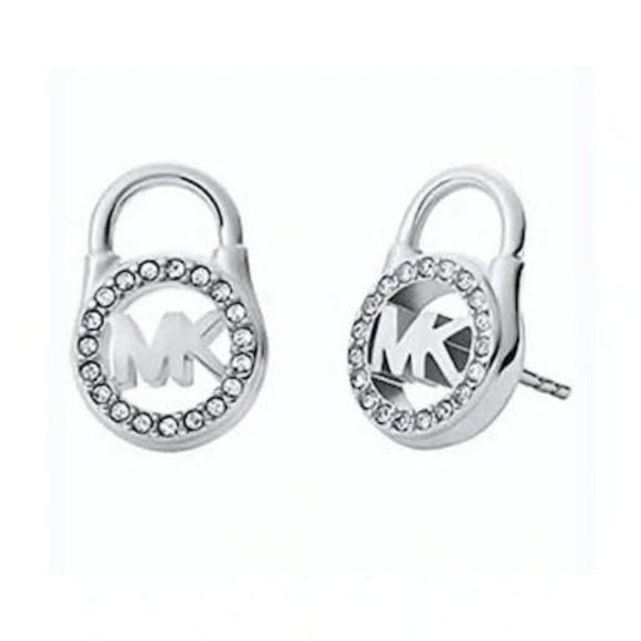 Michael Kors Silver Tone Pave Crystal Padlock Logo Earring Studs - Picture 2 of 5